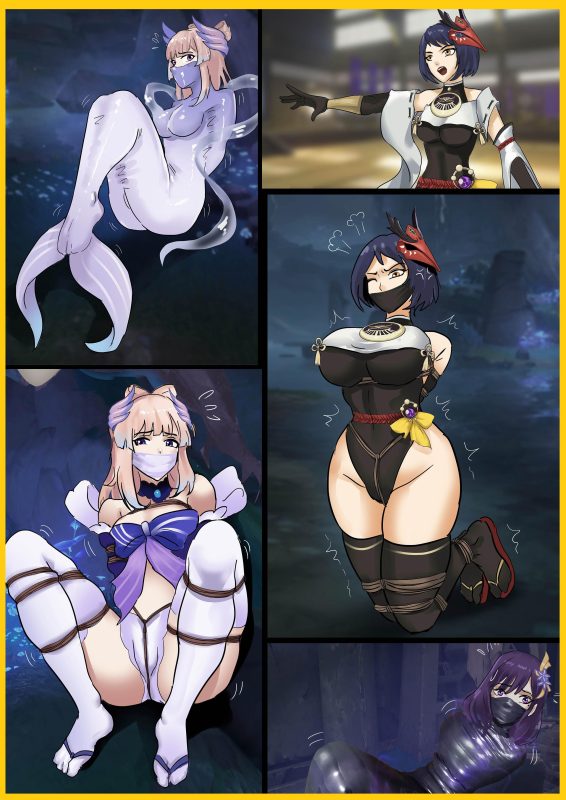 [King]《原神缚——九条裟罗与珊瑚宫心海》黑丝奶盖大姐姐九条被缚 性感白丝心海被制成乳胶人鱼~ - 5元站-5元站