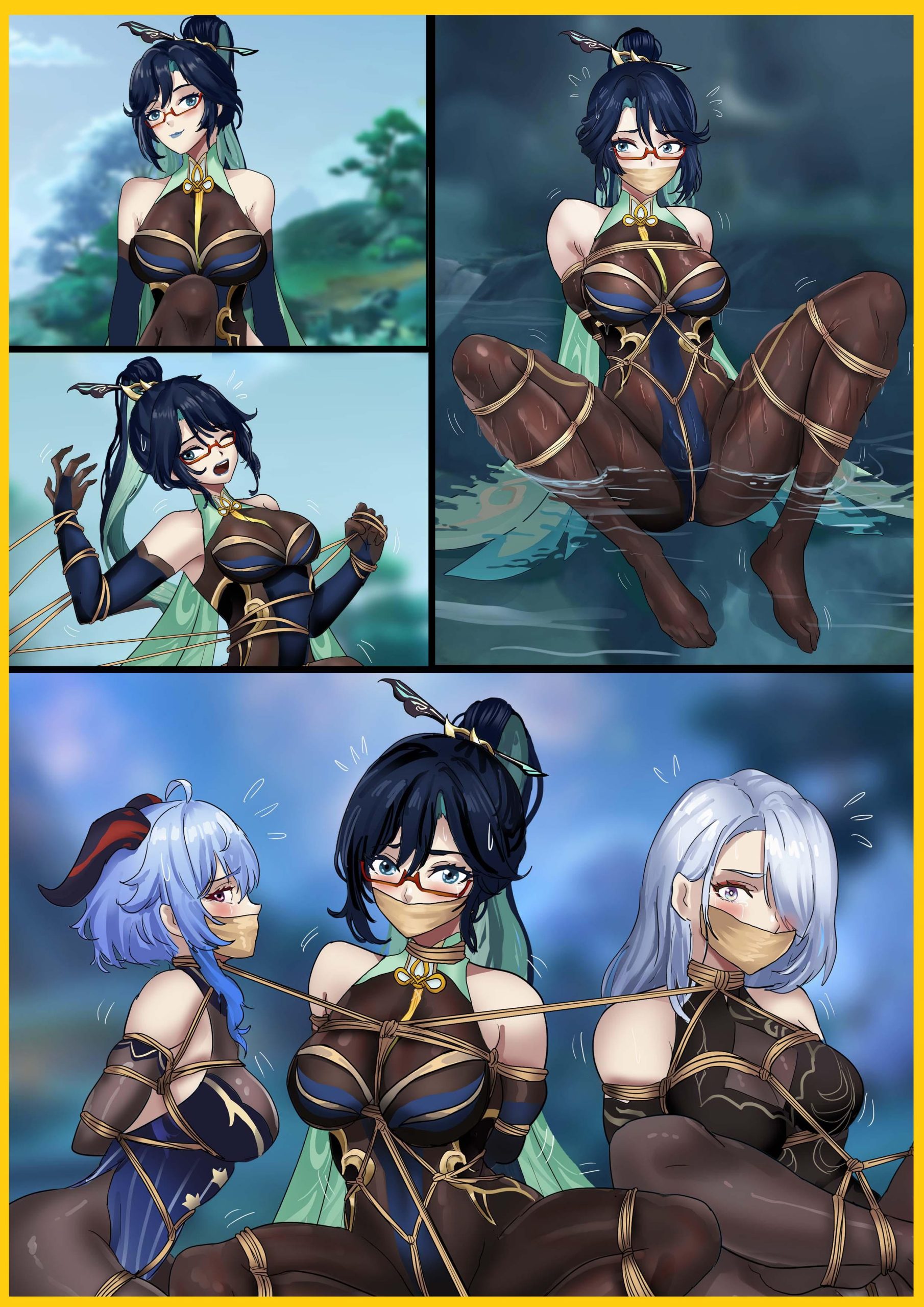 图片[1]-[King]《原神缚——闲云与她的性感徒弟们》性感的黑丝连体仙人闲云意外被牢牢紧缚而她美丽的徒弟们到来也被连缚到一起 - 5元站-5元站