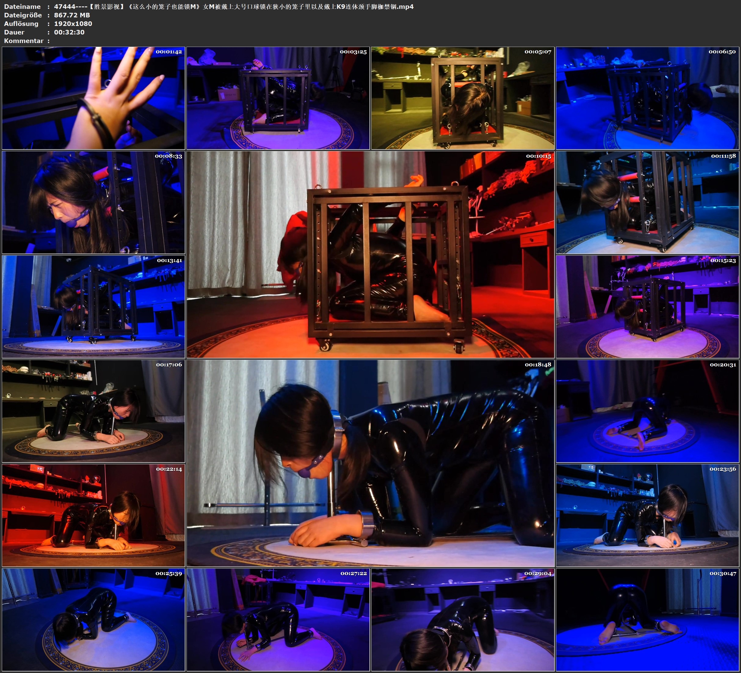 图片[2]-【胜景影视】《这么小的笼子也能锁M》女M被戴上大号口球锁在狭小的笼子里以及戴上K9连体颈手脚枷禁锢 - 视频-5元站-视频-5元站