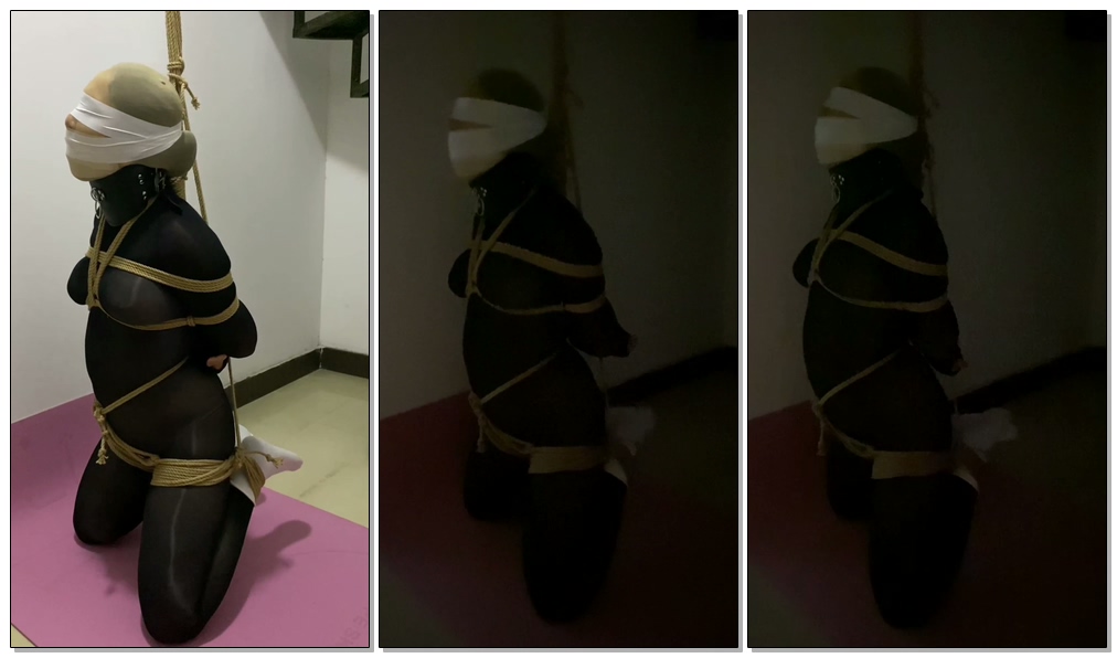 【M妻】被吊绑在储藏间里的肉货（连身黑丝+白袜、丝袜套头、胶带堵嘴蒙眼、项圈） - 视频-5元站-视频-5元站