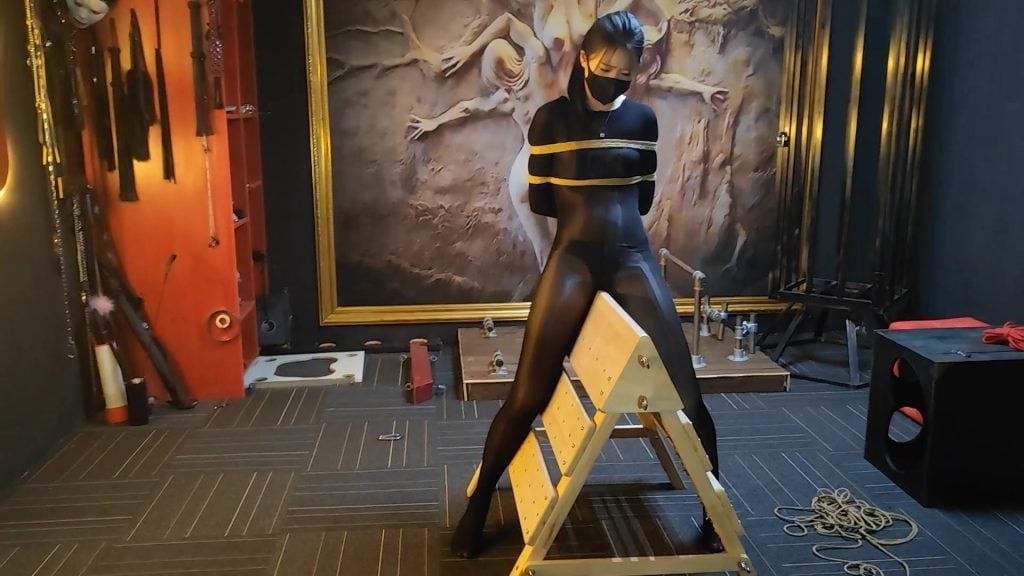 【随心原创】杨蕊 黑色马油丝袜连体衣 痛苦的木马和站笼-视频-5元站