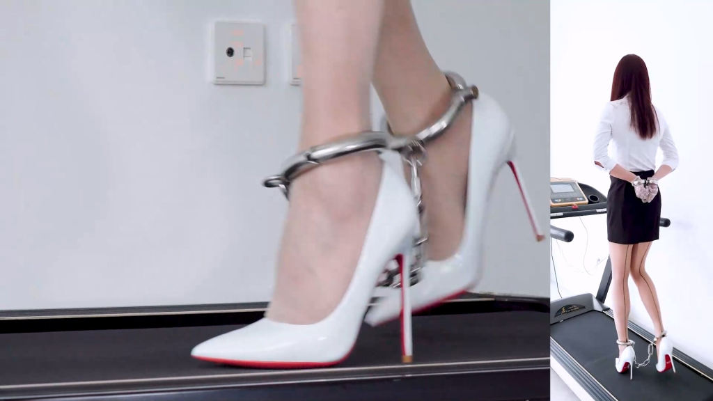 【高跟遇到跑步机】短裙高跟 炮机强高 铐镣禁锢的超短裙竖线肉丝13CM白高跟+金属GS、TD、炮机与跑步机-视频-5元站