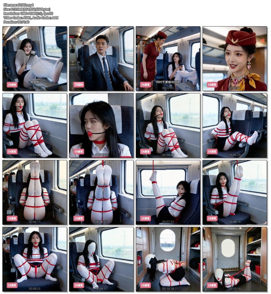 图片[3]-【CK视觉】惩罚高铁上的不文明的女孩，白色丝袜，口球，乳胶头套，捆绑，吊腿缚，M分腿,驷马捆绑-视频-5元站