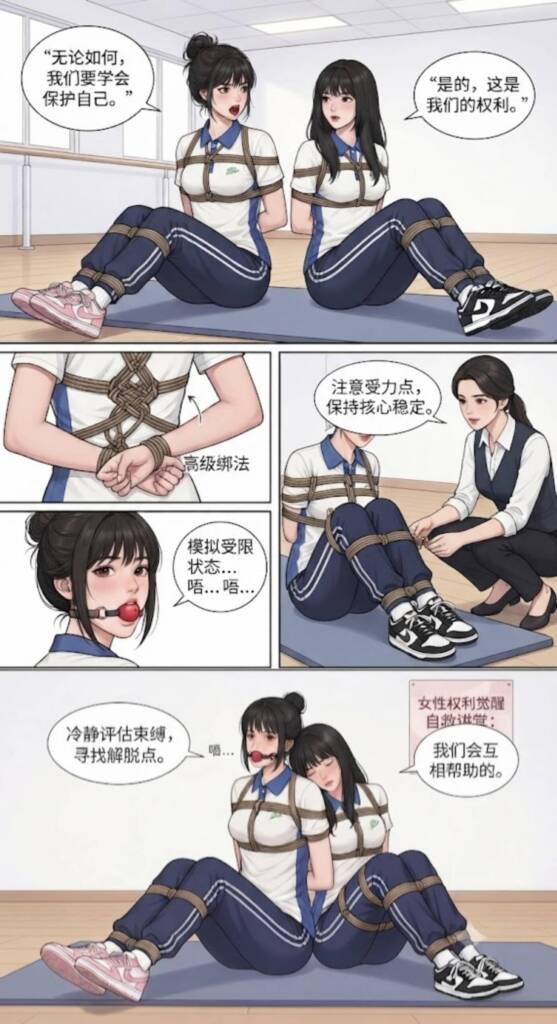 （中式校服篇）两个女生身穿中式校服演示如何自救，各种老师详细讲解，最后两个女生被老师装进麻袋用面包车运走（内含女生的结构图）-5元站