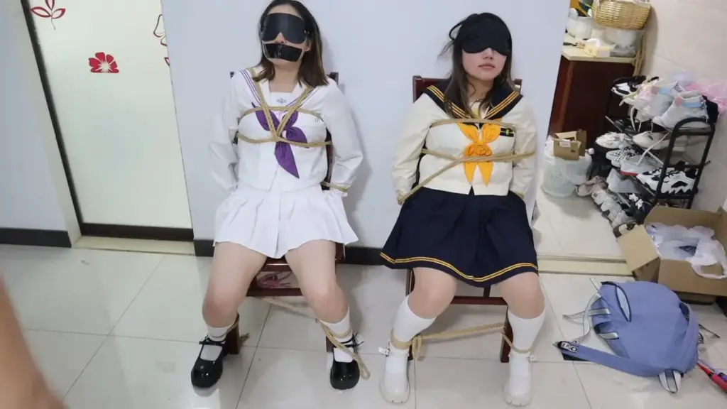 【荷仙少女】椅子缚捆绑玩素人女生双绑连缚调教，两个素人学生女孩绑在一起 鞭打+电击+挣扎+ TK+语言羞辱和挑逗，从一开始开心的哼哼唧唧，到后面开始疯狂挣扎-视频-5元站