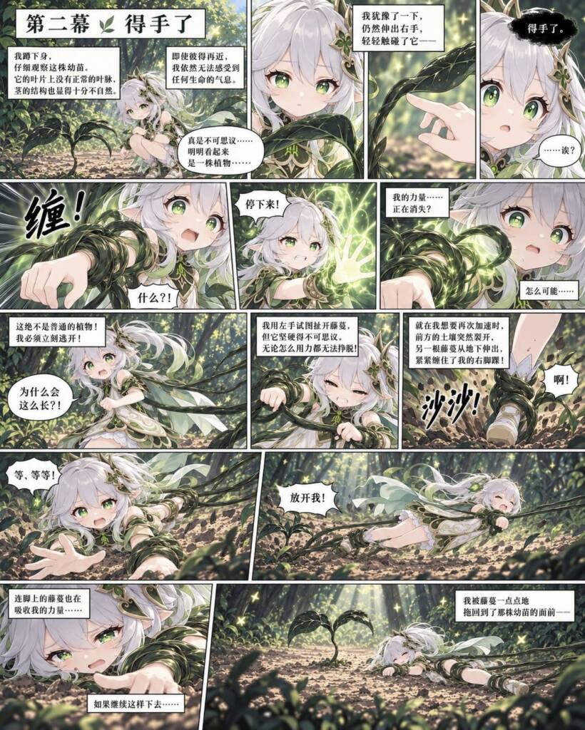 纳西妲—— 纳西妲在雨林中误触神秘植物，被吞噬力量并囚禁。经历无数次逃跑失败与惩罚后，她逐渐对逃跑产生本能的恐惧。-5元站