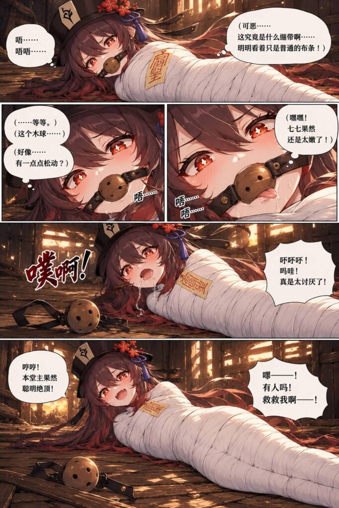 图片[3]-[Fend] 胡桃被七七用紧贴全身的绷带严密包裹，双臂与双腿完全固定，嘴巴也被堵住。无法动弹、无法呼救的她，竟发现身上的绷带受到咒语影响，可能永远无法挣脱！ [12P] - 5元站-5元站